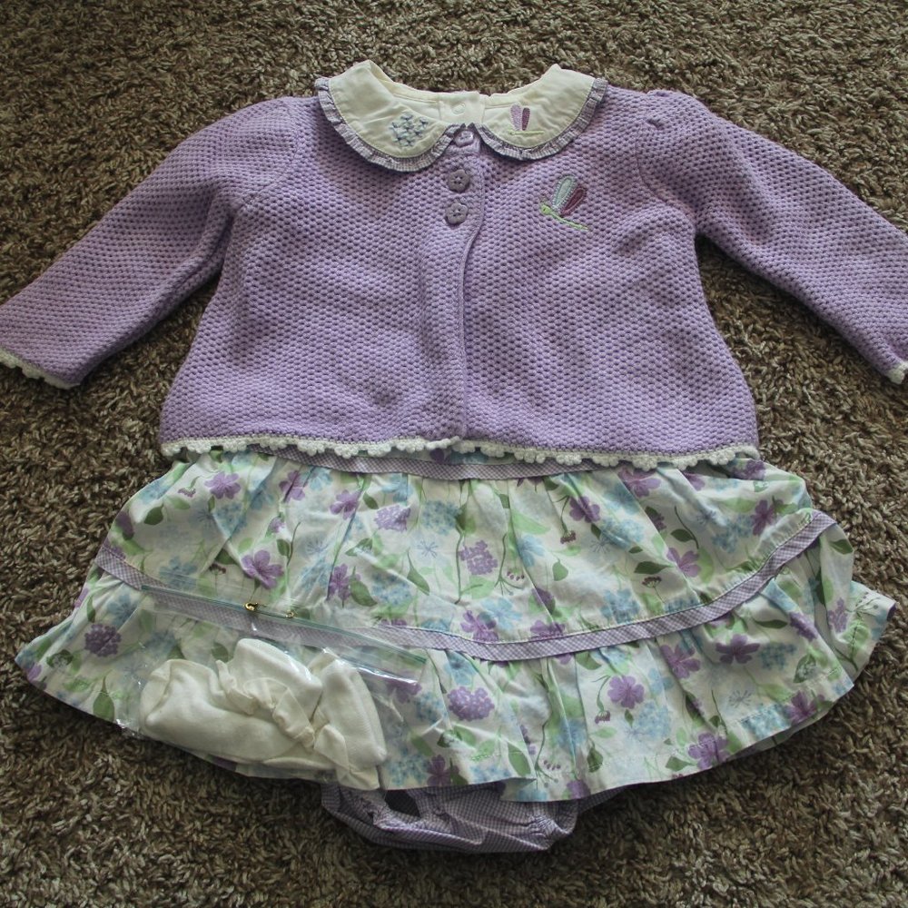 (5 Piece) Gymboree Girls 6-12 month Purple Flower & Dragonfly Dress Set - Used